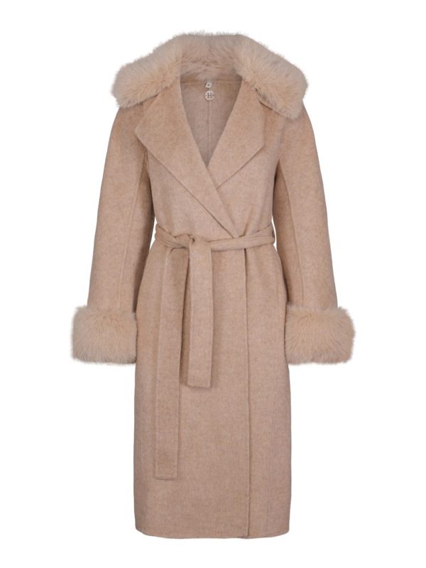 FAB WOOL COAT W/FAUX FUR - Sand melange