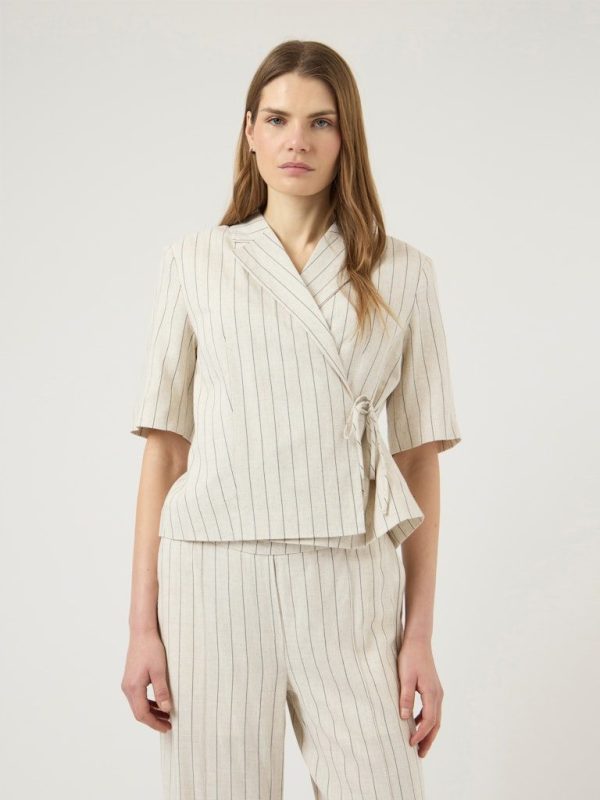 YASLINURA 2/4 LINEN BLEND BLAZER - Pristine/black stripes