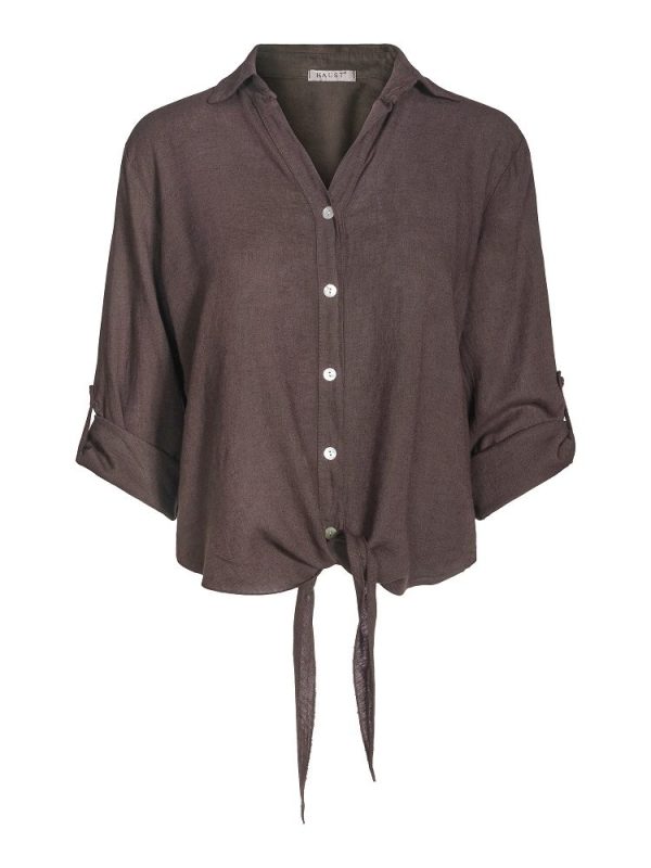 TIE LINEN SHIRT-Dark brown