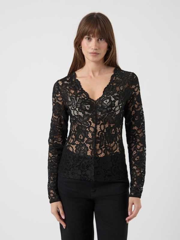 YASLACEY LS V-NECK LACE TOP - Black